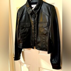 Nwt$180 XL CALVIN KLEIN BLACK faux LEATHER jacket biker classic travel shirt